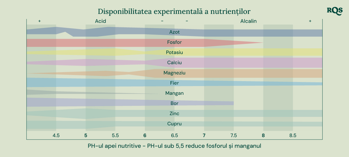 Diagramă cu bare care ilustrează cum pH-ul solului influențează disponibilitatea nutrienților pentru plante. Axul X variază de la pH 4,5 la 8,5, în timp ce axul Y reprezintă disponibilitatea relativă a nutrienților. Nutrienții afișați includ azot, fosfor, potasiu, calciu, magneziu, fier, mangan, bor, zinc și cupru.