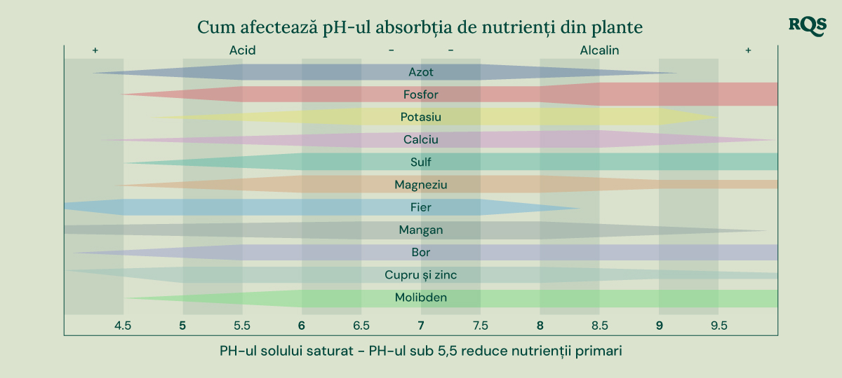 Diagramă cu bare care arată cum pH-ul solului (de la 4,5 la 9,5) influențează disponibilitatea nutrienților precum azot, fosfor, potasiu, calciu, sulf, magneziu, fier, mangan, bor, cupru, zinc și molibden.